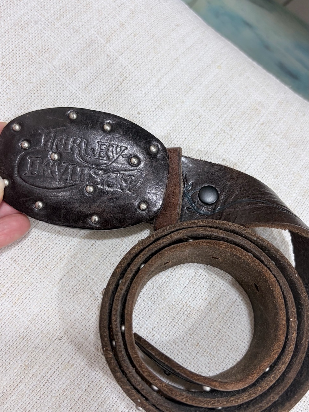 Harley-Davidson Vintage Dark Brown Leather Silver Studded Belt  Embossed Logo